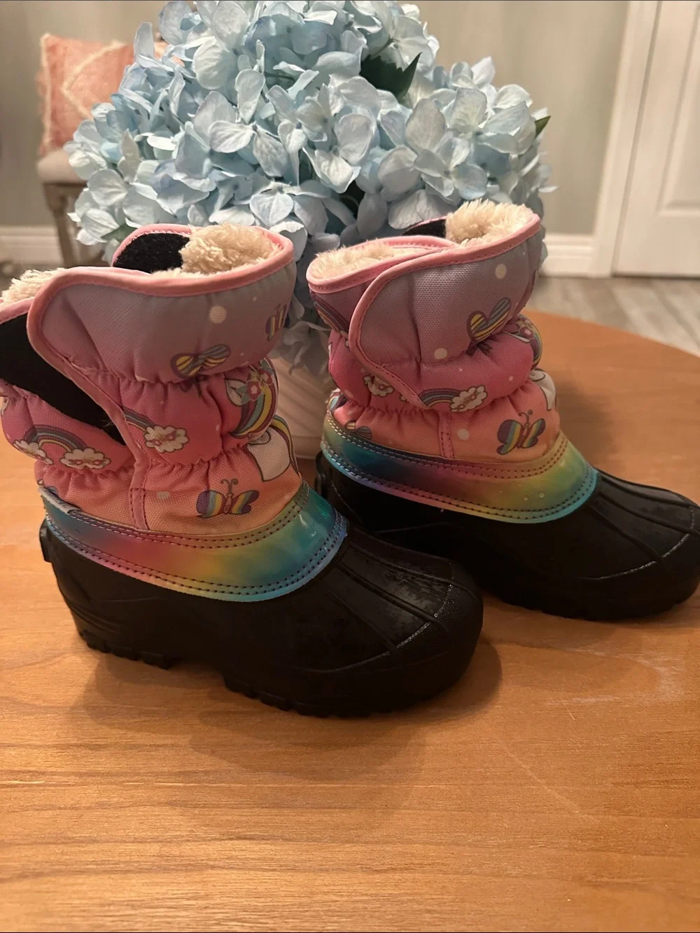 Kids Pink Rainbow Winter Boots with Faux Fur Lining